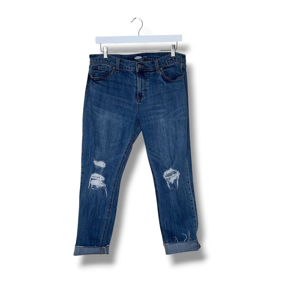 Old Navy Boyfriend Jeans Womens 10 Distressed Cuffed Stretch Indigo Blue Denim